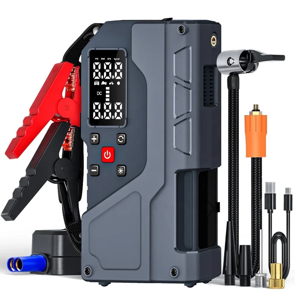 Avviatore d'Emergenza Portatile per Auto con Compressore d'Aria, Gonfiatore Pneumatici, Monitor Pressione Pneumatici, 1000A di Picco, 150PSI, 10000mAh, Luce di Emergenza USB