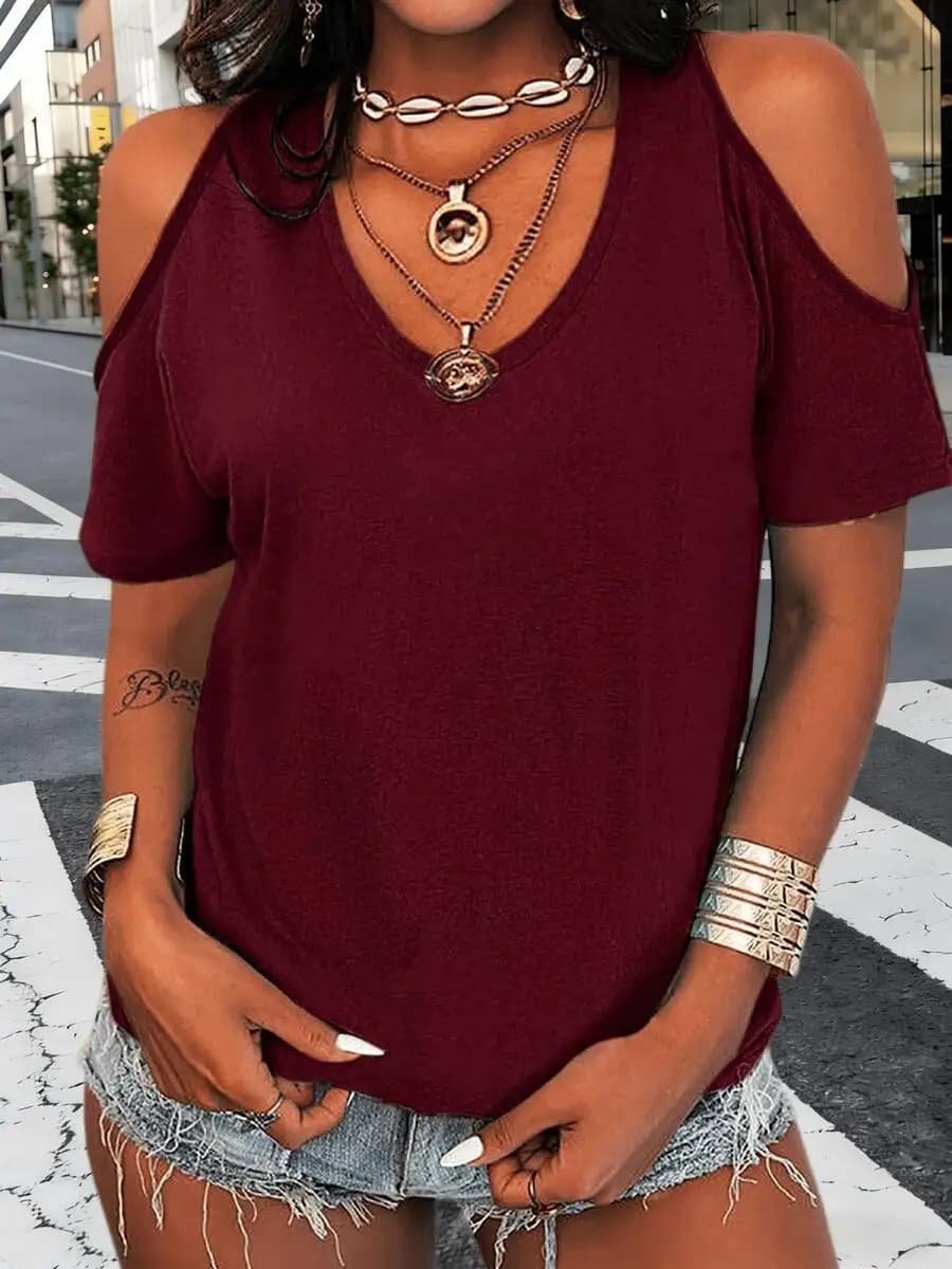 Maglietta da donna con scollo a V e maniche corte, camicetta casual estiva
