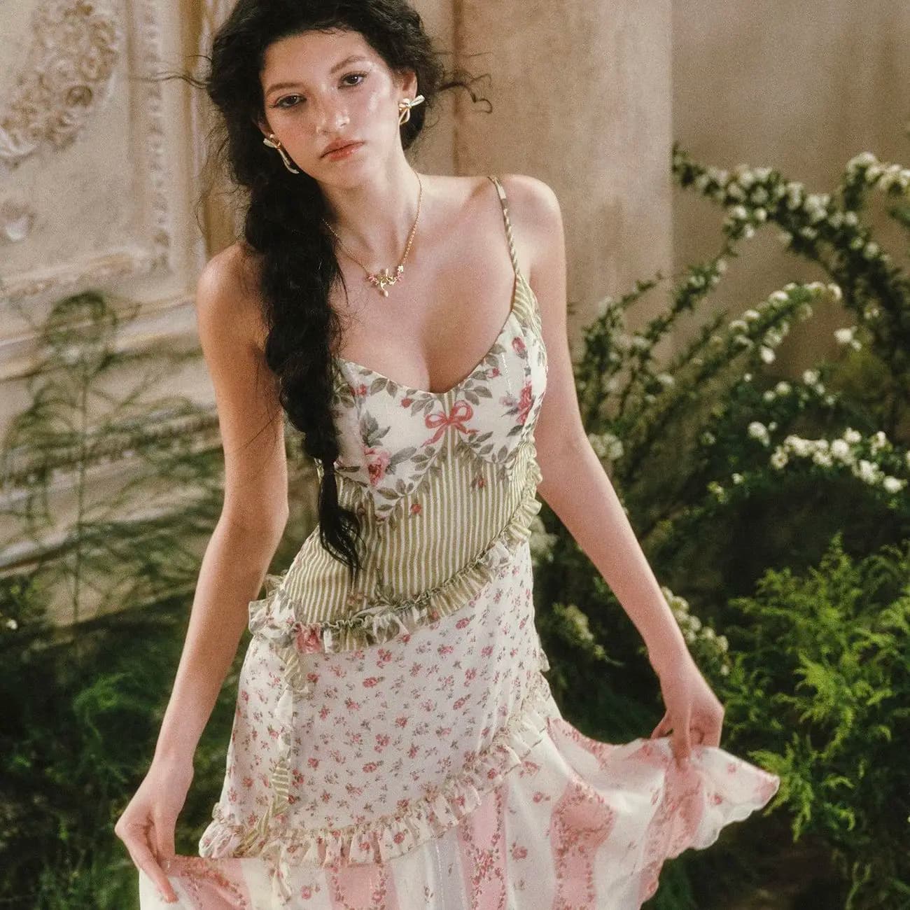 Fashionable and trendy original street style retro French vacation-themed printed halter dress with irregular skirt hem summer