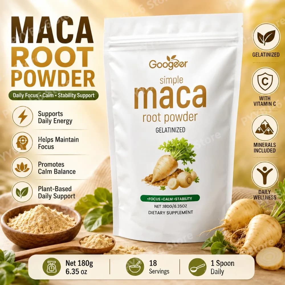 Googeer Maca Root Powder 180g Gelatinized Dietary Supplement Energy Focus Calm Balance Support Vitamin C Potassium Zinc Iron Mix