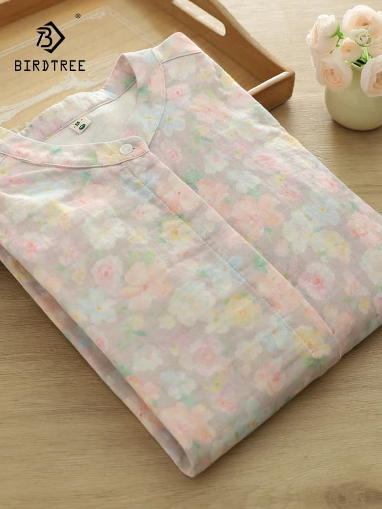New 2026 Spring Women Cotton Yarn Long Sleeve Shirt, Stand Printed, Mori Girl Fashion Casual Comfortable Loose Blouse T63430CC