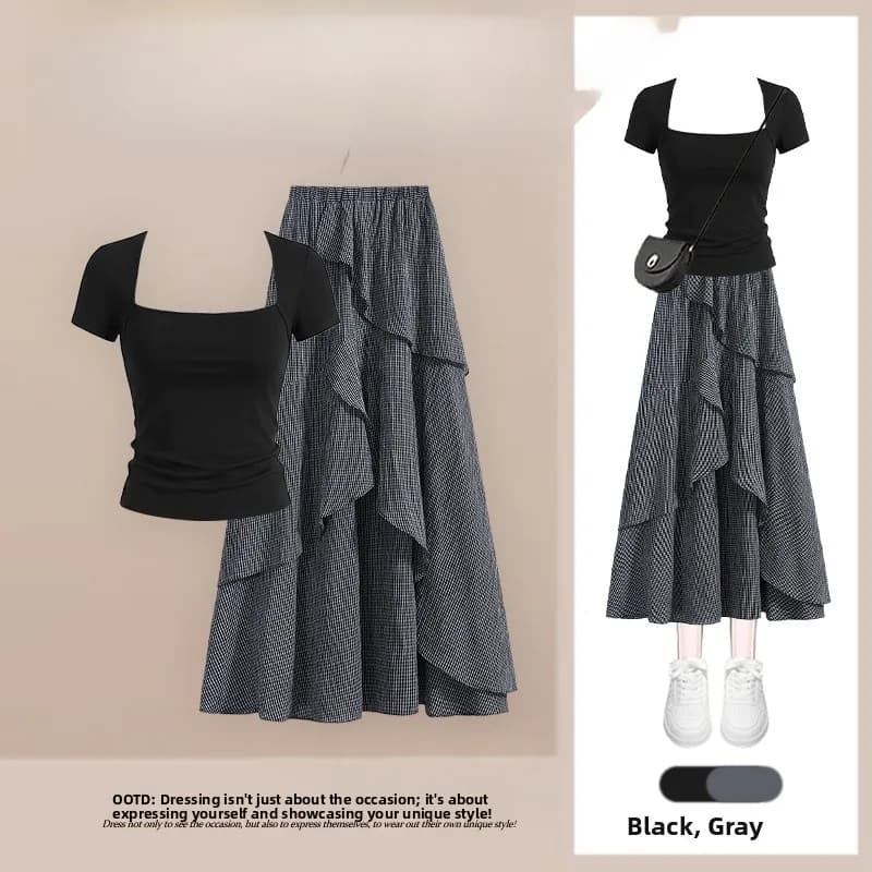 Summer New Design Anti-Aging Slimming Loose Women's Set High Waist Skirt Short Sleeve Fashionable Two-Piece Ensemble