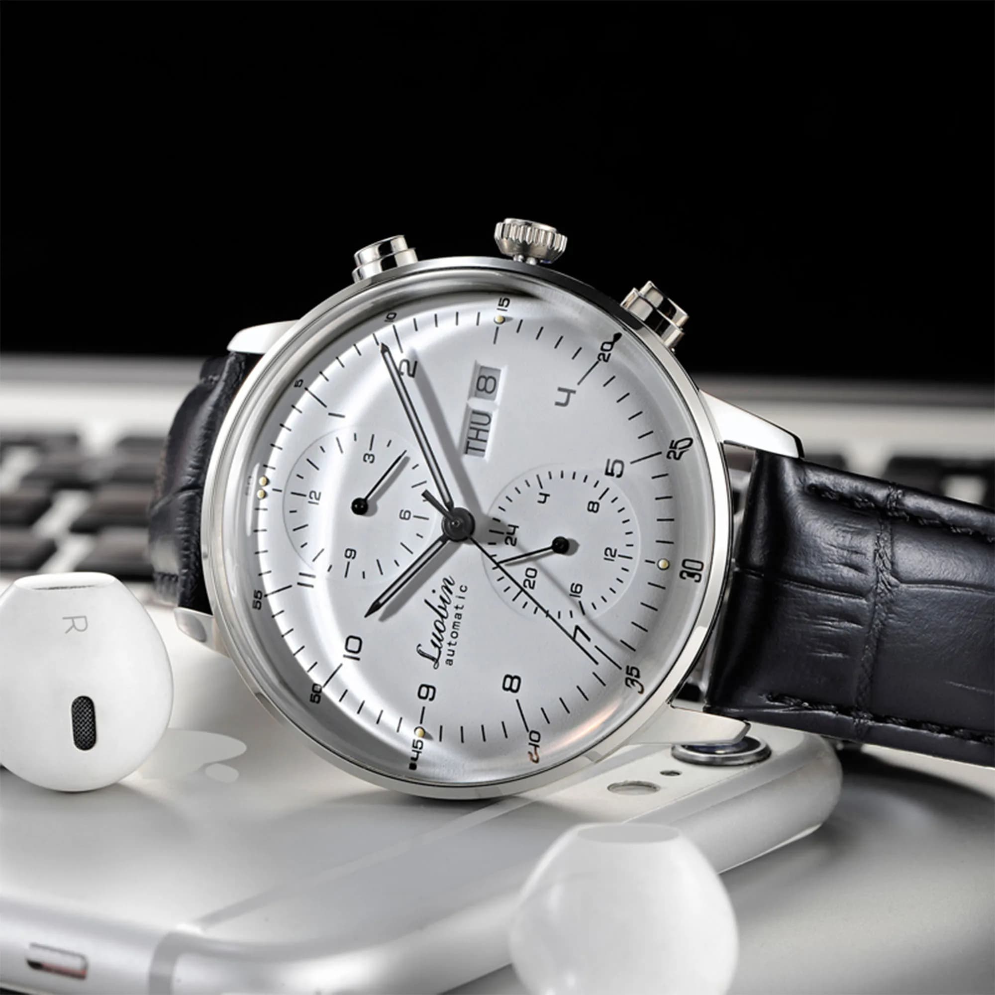 Orologio da uomo d'affari movimento meccanico cronografo multifunzione in acciaio inossidabile impermeabile calendario automatico zaffiro