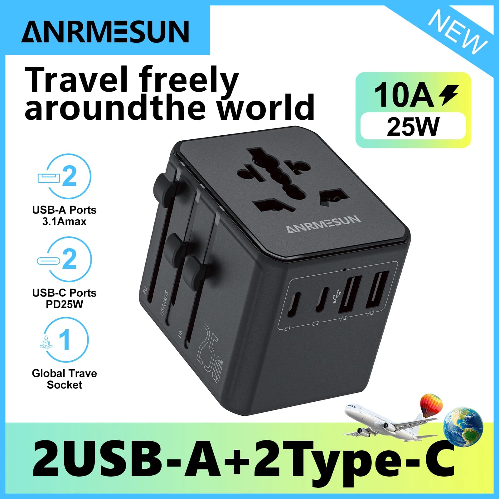 JINGMIN adattatore da viaggio universale con 4 prese ca 1 porte USB 2 Type-C PD 25W carica rapida All-in-one su spina EU UK US AUS