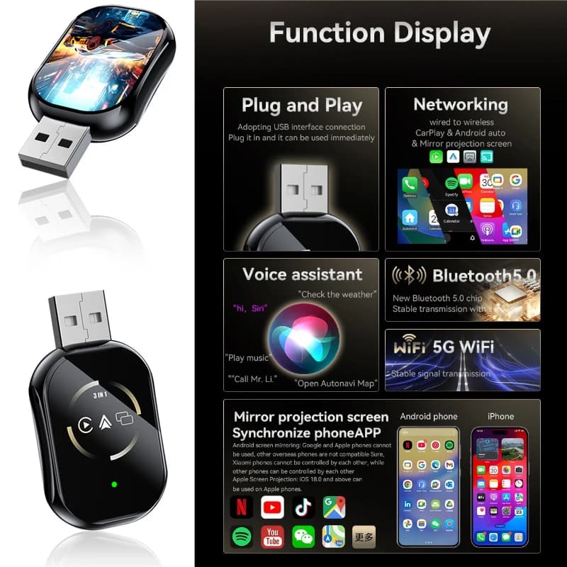 Wired A Wireless Mirrorlink/airplay Carplay Car Three-In-One Screen Mirror Auto Mini Smart Car Plug and Play Adapter