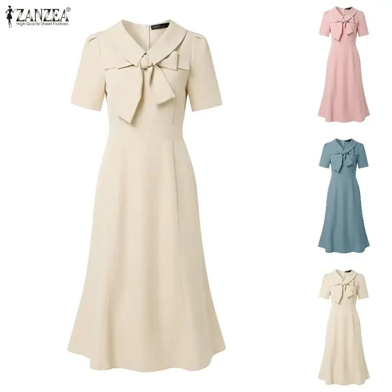 Eleganti Abiti a Sirena ZANZEA 2026 da Donna, Vestito Estivo da Lavoro OL con Collo a Risvolto, Maniche Corte, Tinta Unita, Abito Midi per Vacanze