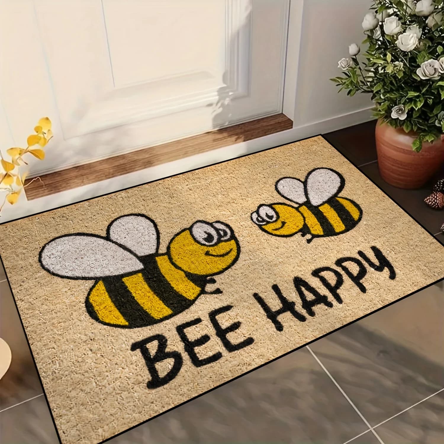 VIKAMA Bee Happy Zerbino Welcome Mat Outdoor Velvet Crystal Velvet Floor Mat for Living Room Mat Bedroom Decorations for Light House