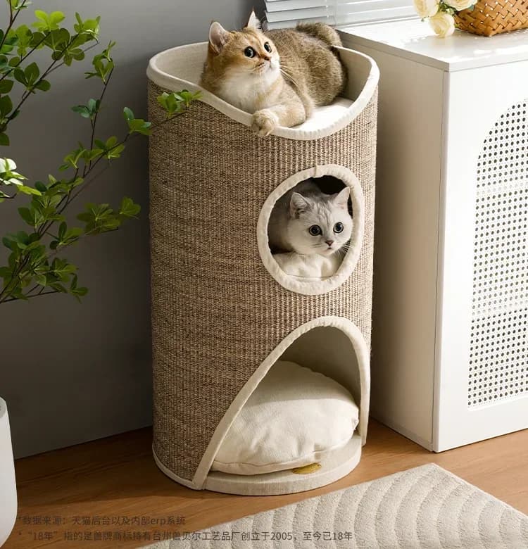 Letti per gatti Foro per albero Letto a secchiello in sisal Prodotti per gatti Catteria Riparo caldo in inverno Letto per animali domestici con struttura da arrampicata doppia chiusa
