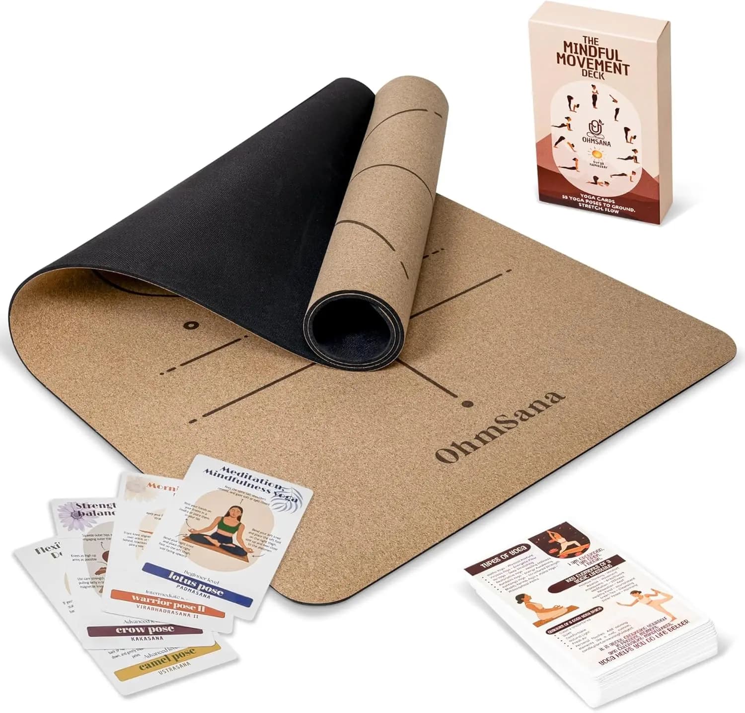 Yoga Carpet in Natural cork with Lines of Alignment, 55 Cards for Beginners - Anti-slip and Ecological, 183x66x5mm for Home Training