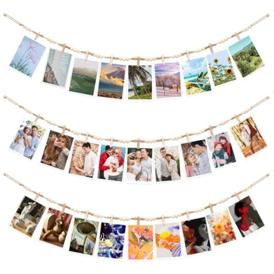 Hanging Photo Display Wall Decor, 3Pcs Boho Wooden Bead Garland Picture Banner Collage Picture Card Frame Holder with 30Clips,