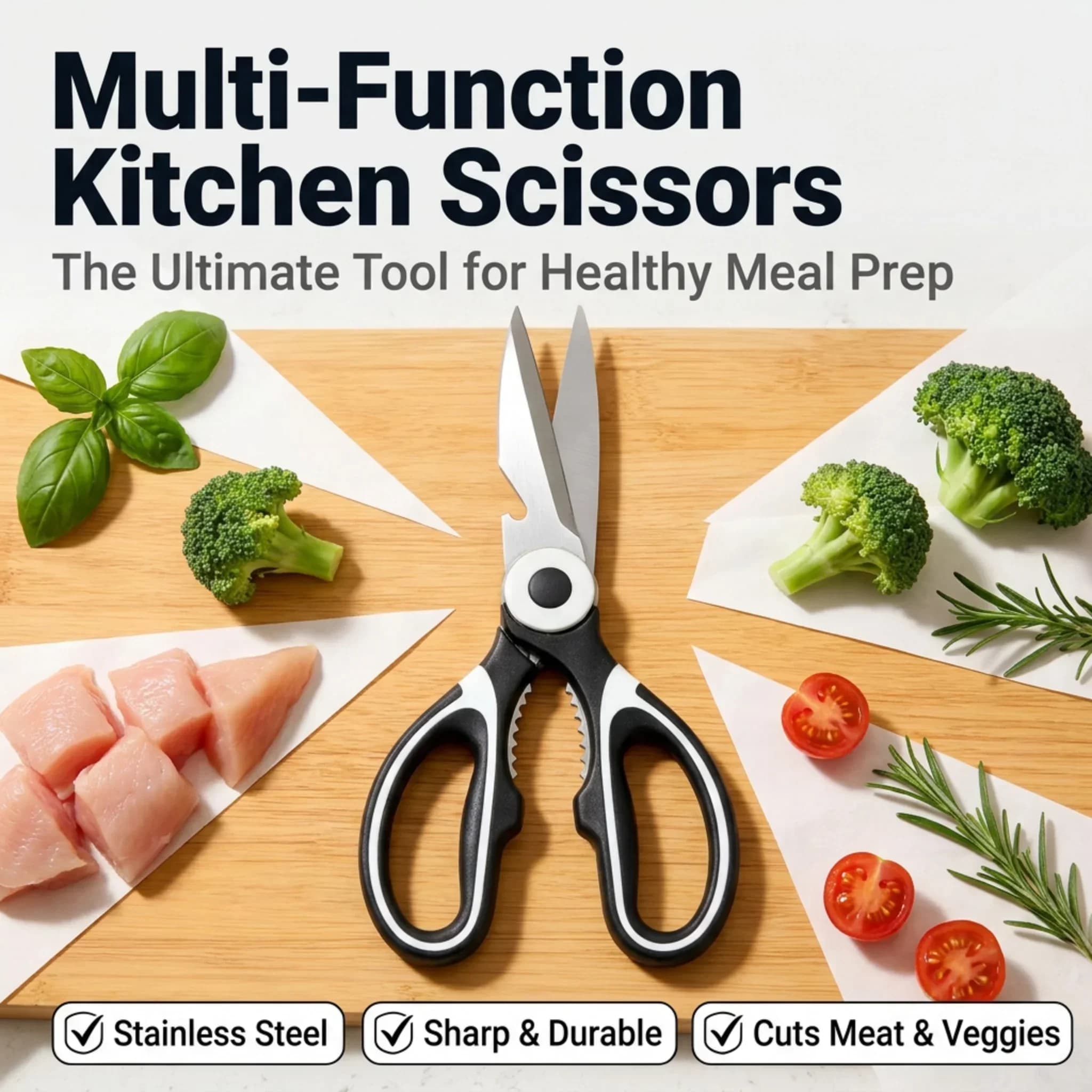 Kitchen Scissors for Meal Prep - Stainless Steel Shears for Chicken & Veggies, Heavy Duty Food Scissors for Gym Lovers & Healthy Cooking