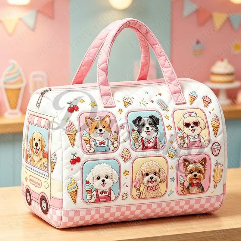 Cute Dogs Ice Cream Van Print Handbag for Travel Yorkshire Terrier Bichon Frise Women Outdoor Tote Duffle Bag Shoes Holder