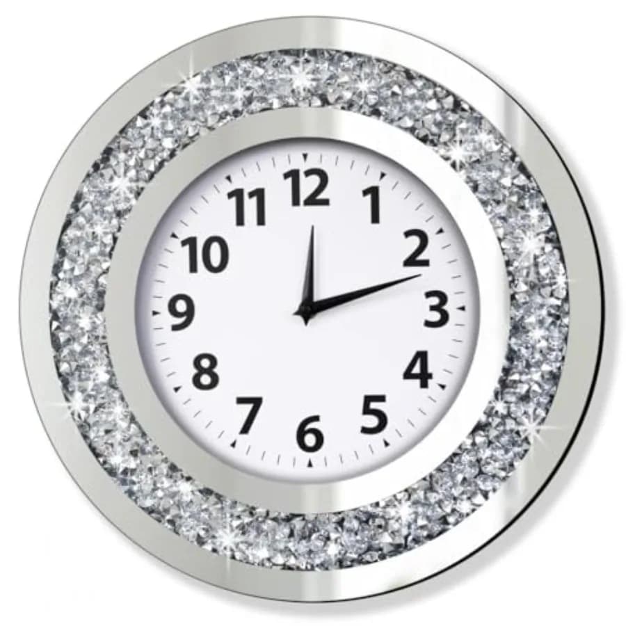 Orologio da Parete Decorativo Rotondo in Vetro Effetto Specchio Frantumato 16x16 Pollici, Movimento al Quarzo Silenzioso Senza Lancetta dei Secondi, Moderno e Scintillante per la Casa