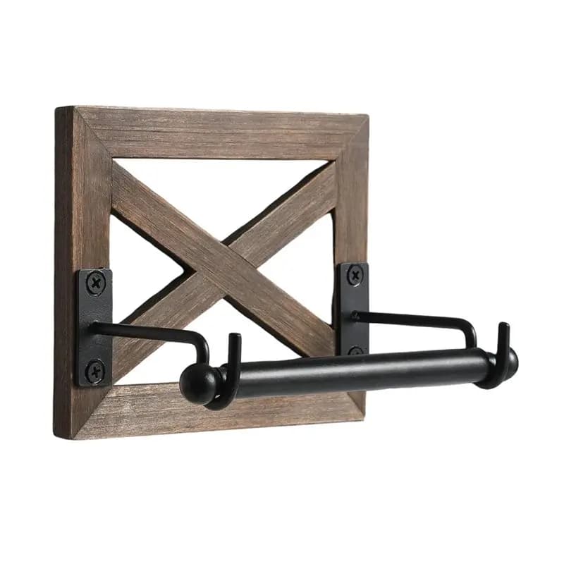 SHGO-Porta carta igienica in acciaio zincato-Supporto da parete in legno marrone caldo rustico stile fattoria per rotolo di arredamento per il bagno