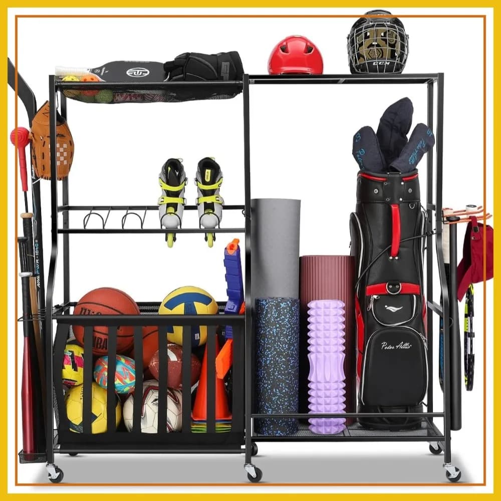 Organizzatore da Garage su Ruote per Carichi Pesanti - Porta Sacche da Golf e Contenitori per Palline, Grande, Nero
