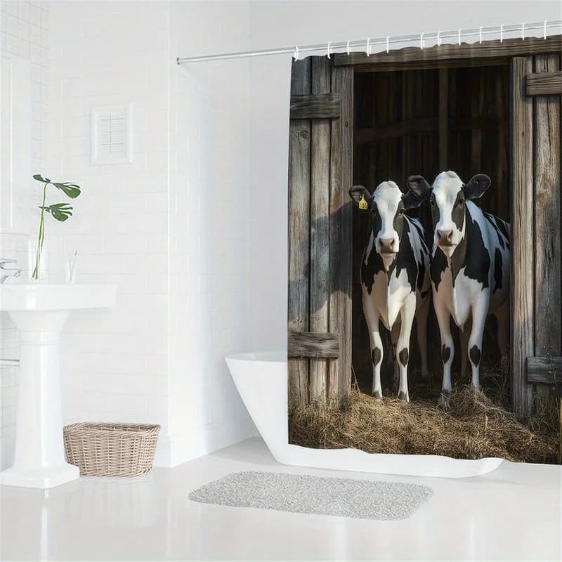 Tenda da doccia Farmhouse Cow 180x180 cm – Mucche bianche e nere, lavabile in lavatrice, tenda da doccia decorativa da bagno con 12 ganci