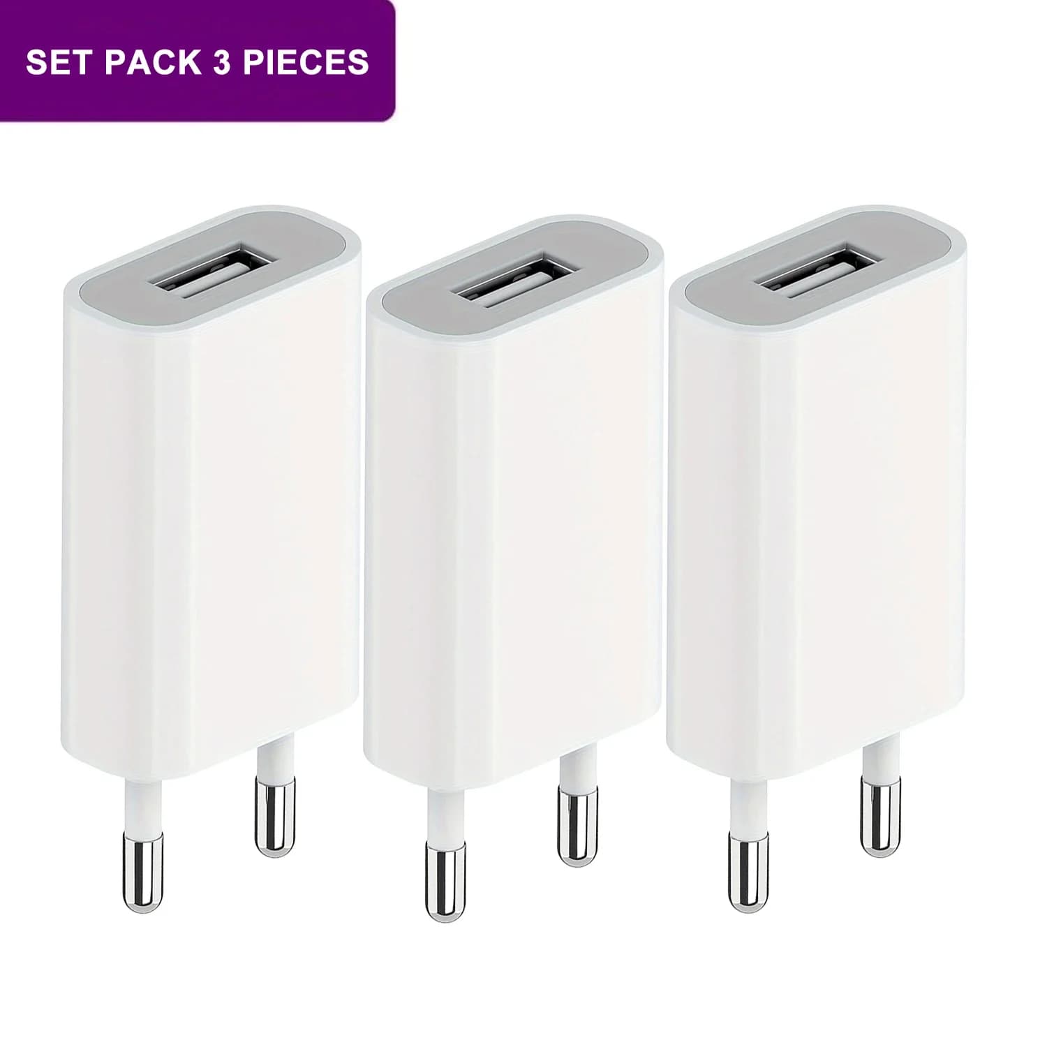 Caricatore da muro USB 3 pezzi Spina UE Caricatore per telefono Testa 5V/1A Porta singola Blocco di ricarica USB Adattatore di alimentazione da viaggio per telefono cellulare