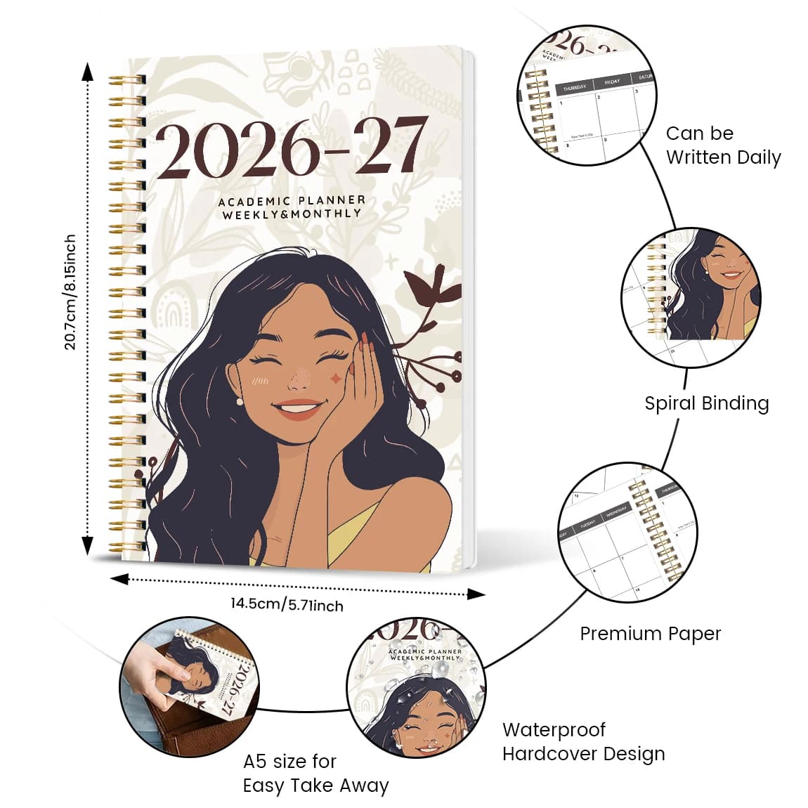 Agenda Accademica A5 2026-2027 con Copertina Illustrata per Ragazze, Pianificatore Settimanale e Mensile a Spirale per Scuola e Ufficio