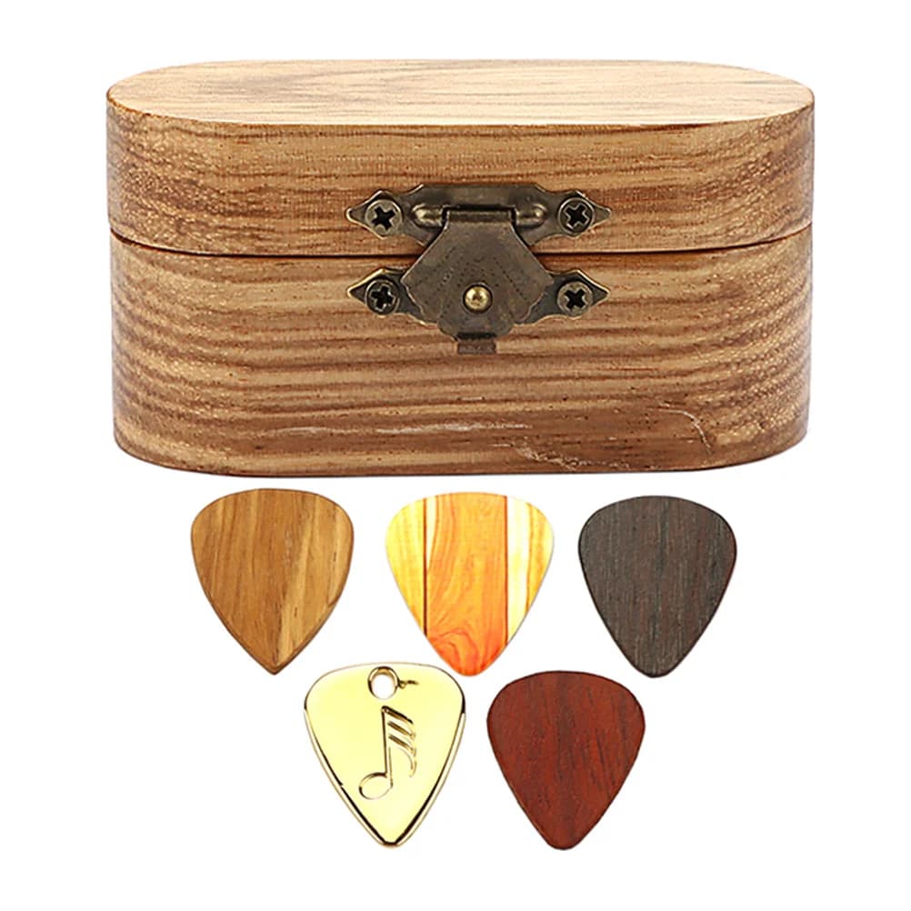 1 set porta plettro in legno con 5 plettri assortiti custodia protettiva per set di accessori per chitarra elettrica acustica design compatto
