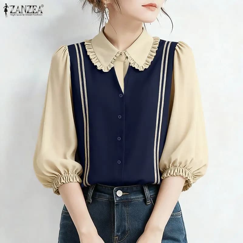 ZANZEA Women's summer patchwork shirt, elegant work shirt, neck with twist, half sleeve, casual top with buttons, tunic for holidays