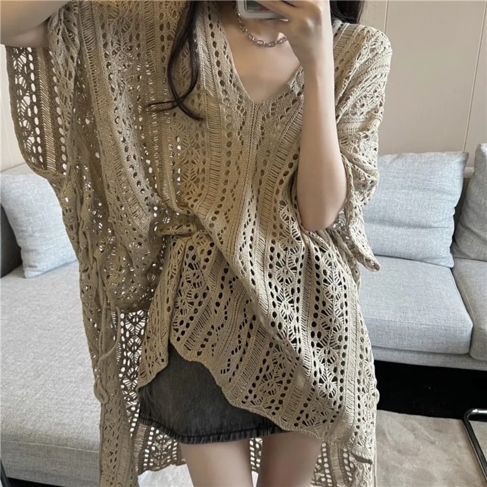 Copricostume Semplice Oversize Traforato in Maglia Larga all'Uncinetto, Copricostume Bikini a Rete da Pesca, Abbigliamento da Spiaggia e Piscina