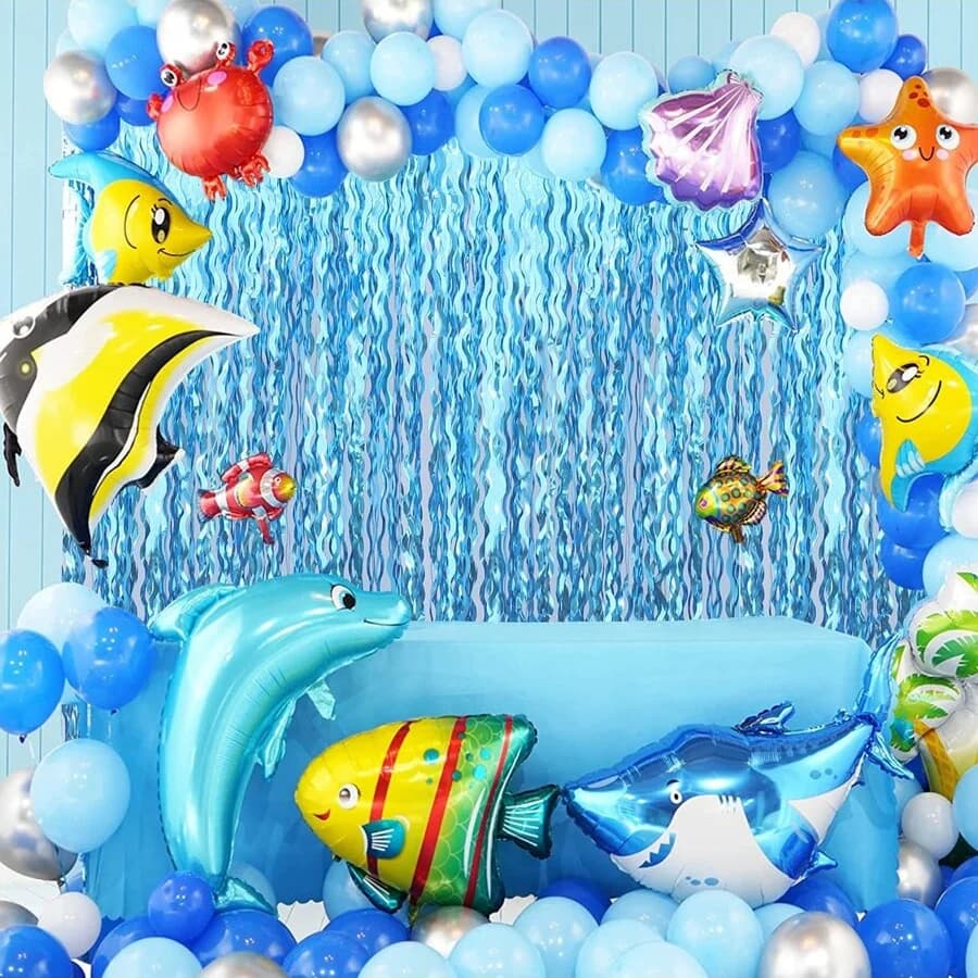 3.2*6.6 ft Wavy Tinsel Foil Fringe Curtain Photo Booth Props for Mermaid Birthday Under The Sea Party Decorations
