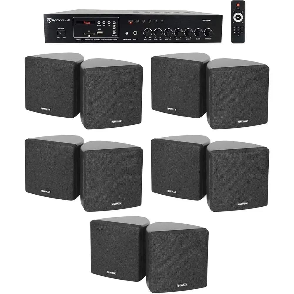 60W 70V Bluetooth Amplifier Bundle with 10 Wall-Mount Swivel Speakers for Commercial Use