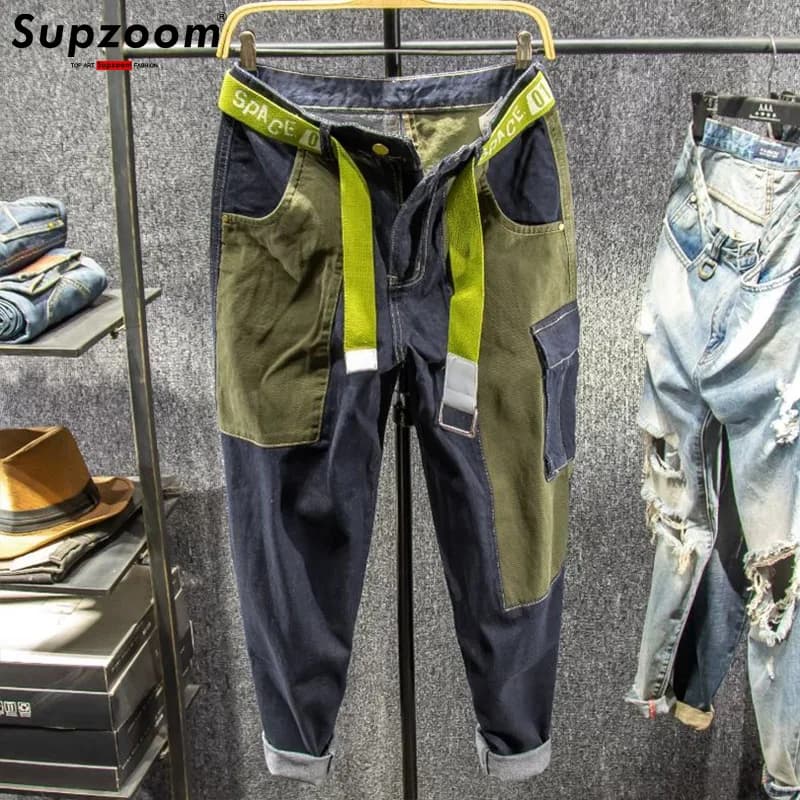Supzoom Nuovo arrivo vendita calda Top Fashion Autunno Zipper Fly Stonewashed Casual Patchwork Cargo Denim Tasche Jeans in cotone da uomo
