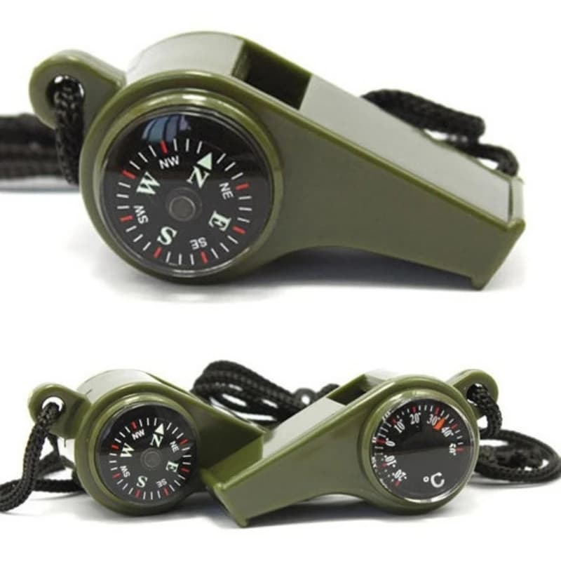 High-decibel Emergency Rescue Three-in-one Whistle with Compass Thermometer and Keychain for Camping