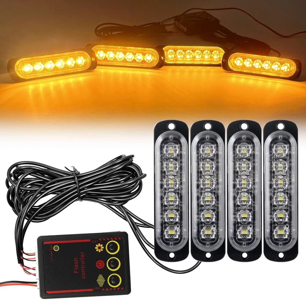 Car Front Grille Lighting 12V 24V Amber LED Emergency Strobe Warning Lights Car Flash Beacon Yellow White Signal Lamp
