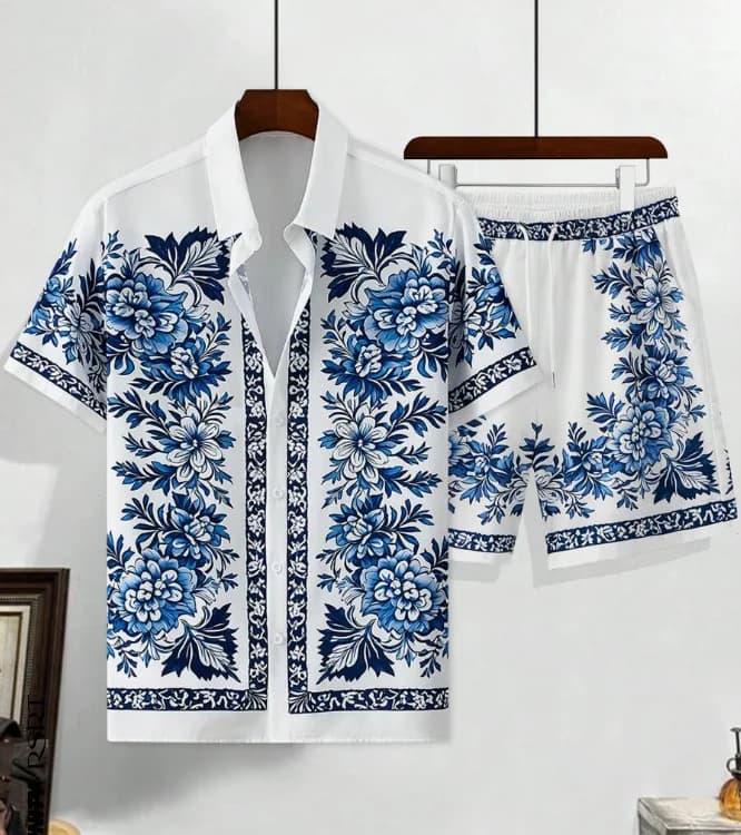 Set camicia hawaiana da uomo con stampa 3D in porcellana bianca blu modello moda estiva casual camicia oversize quotidiana + pantaloncini set da 2 pezzi