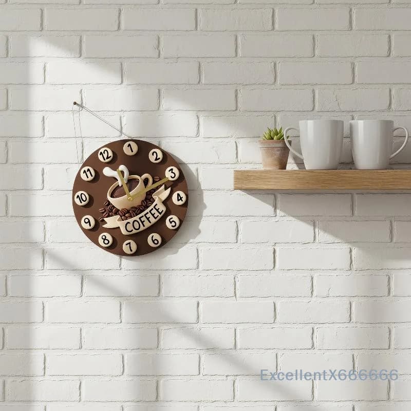 2D Coffee Cup Themed Wooden Wall Clock Round Hanging Sign Minimalist Wall Decor for Kitchen Office Home Decoration