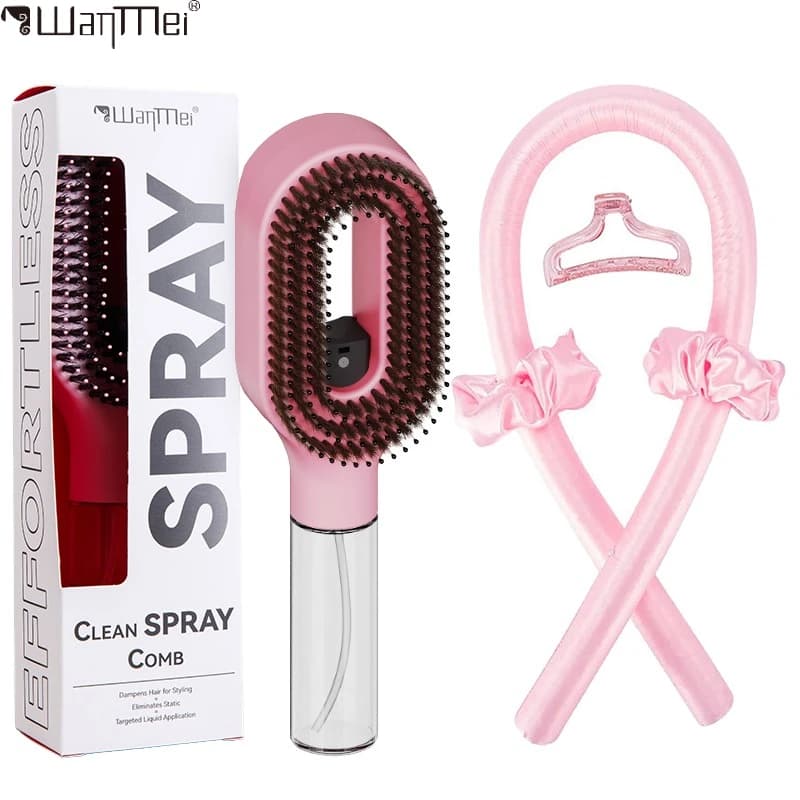 Set of 2 2-in-1 accessories to distribute and moisturize your hair: massage comb, no heat curling sponge for night use, accessories for DIY-D-Y styling.