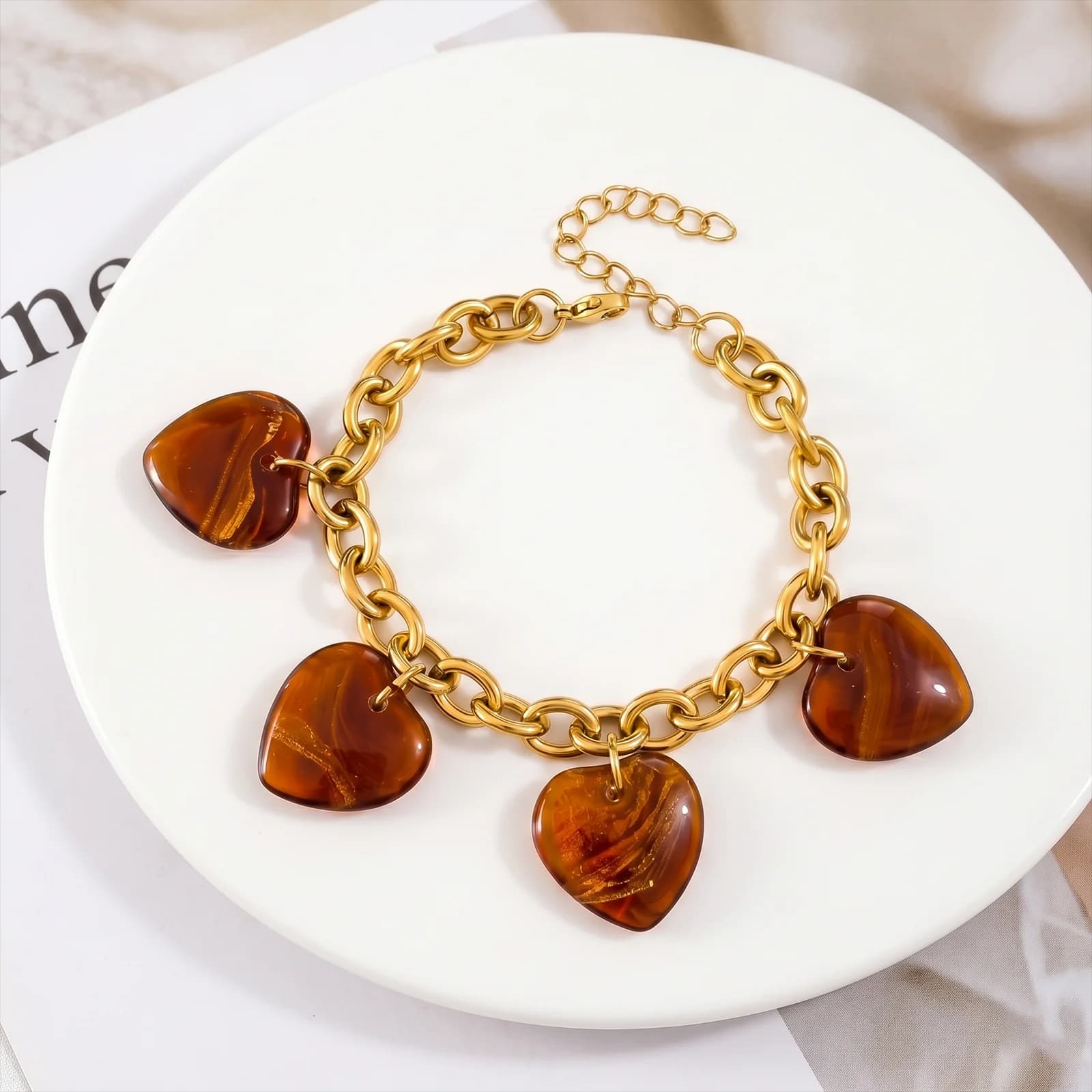 Boho Brown Marbled Amber Heart Pendant Bracelet For Women Thick Link Gold Chain Waterproof Stainless Steel Trendy Wrist Jewelry