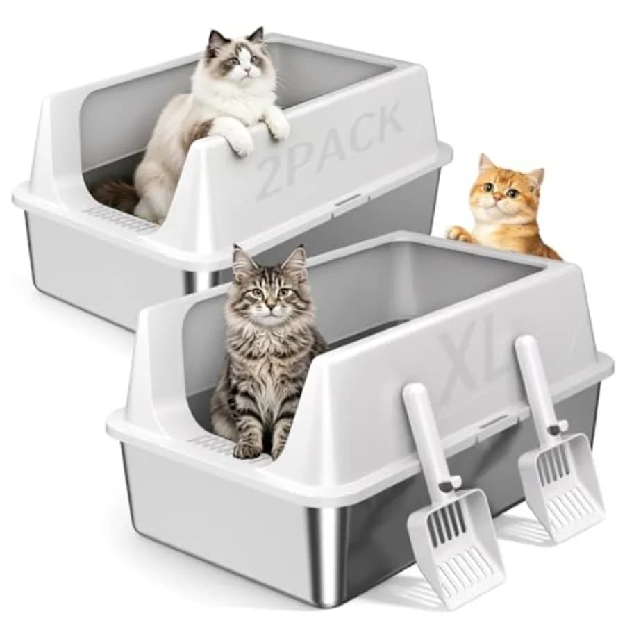 Set di 2 Lettiere XL in Acciaio Inossidabile con Bordi Alti per Gatti Multipli, Vasca in Metallo Profonda con Pareti Alte e Parte Superiore Aperta per Bi