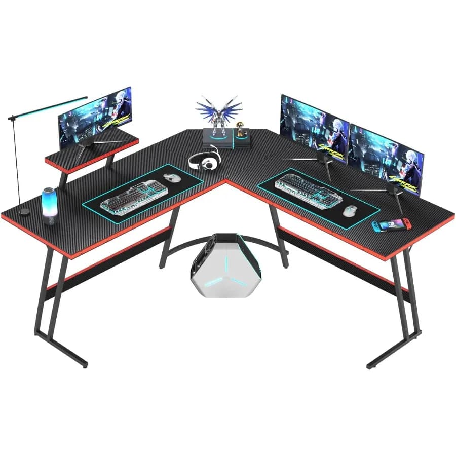 L Shaped Gaming Desk with Large Monitor Riser Stand for Home Office and PC Gaming Setup Sturdy Corner Computer Desk with Spacio