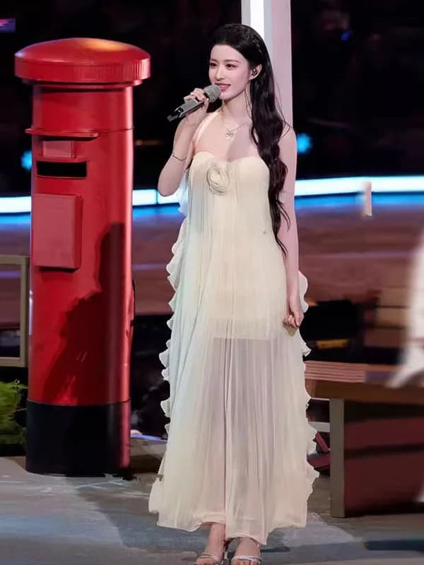 French Style Holiday Dress Sleeveless Neck Hanging Gown Irregular Skirt High Waist Mesh Splicing Ball Gown Evening Dress