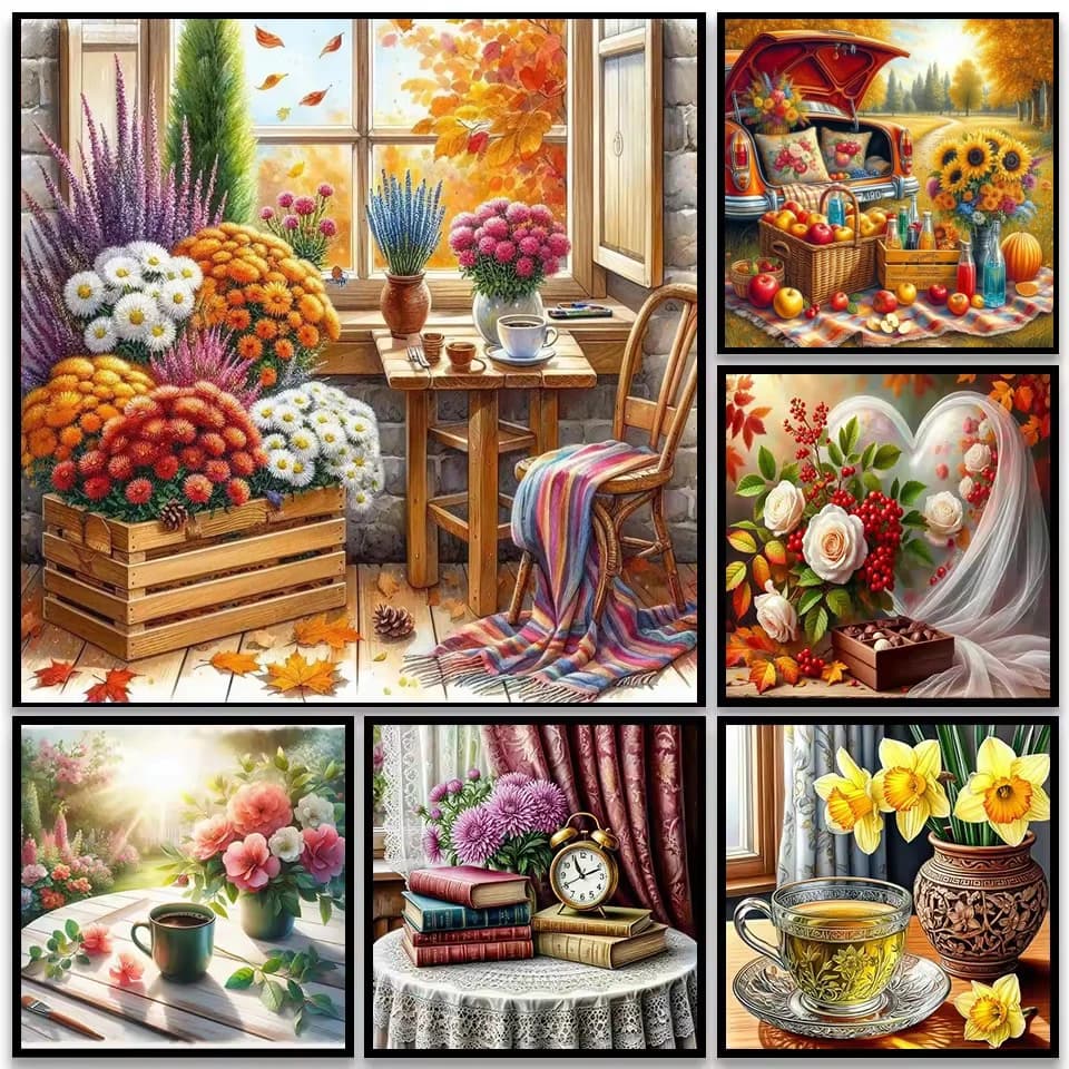 Warm Autumn,Sweet Heart Shadow Flowers 5D Diy Diamond Art Painting Cross Stitch Kits Diamond Mosaic Embroidery for Room Decor