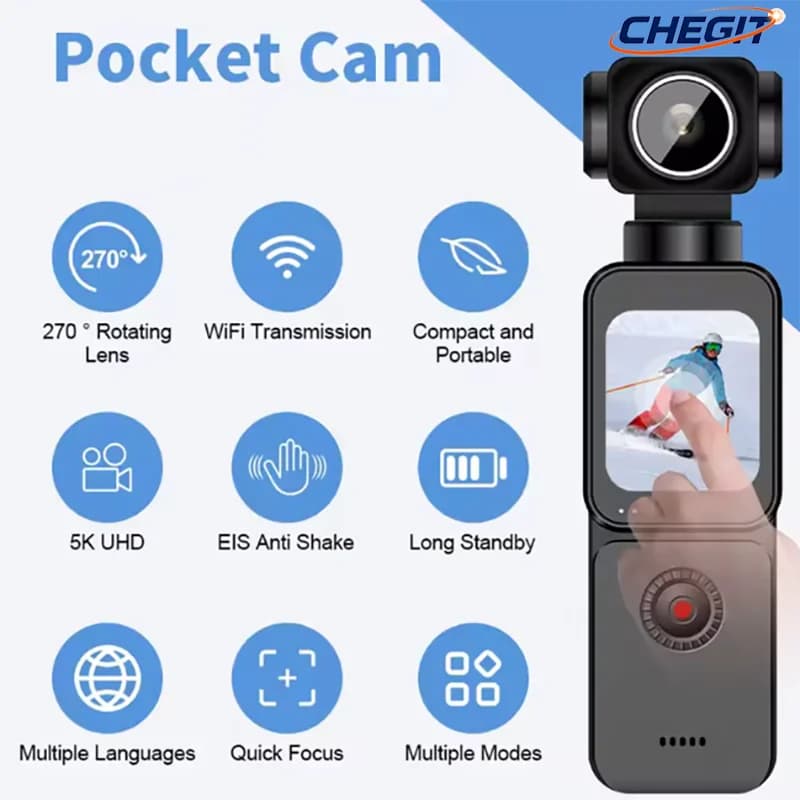 4K/5K Ultra WIFI Pocket Action Camera or with Touch Screen 270 ° Mini Sport Camera for Vlog, Helmet, Travel, Bicycle, Recorder for Drivers with 1,69 Inch Screen