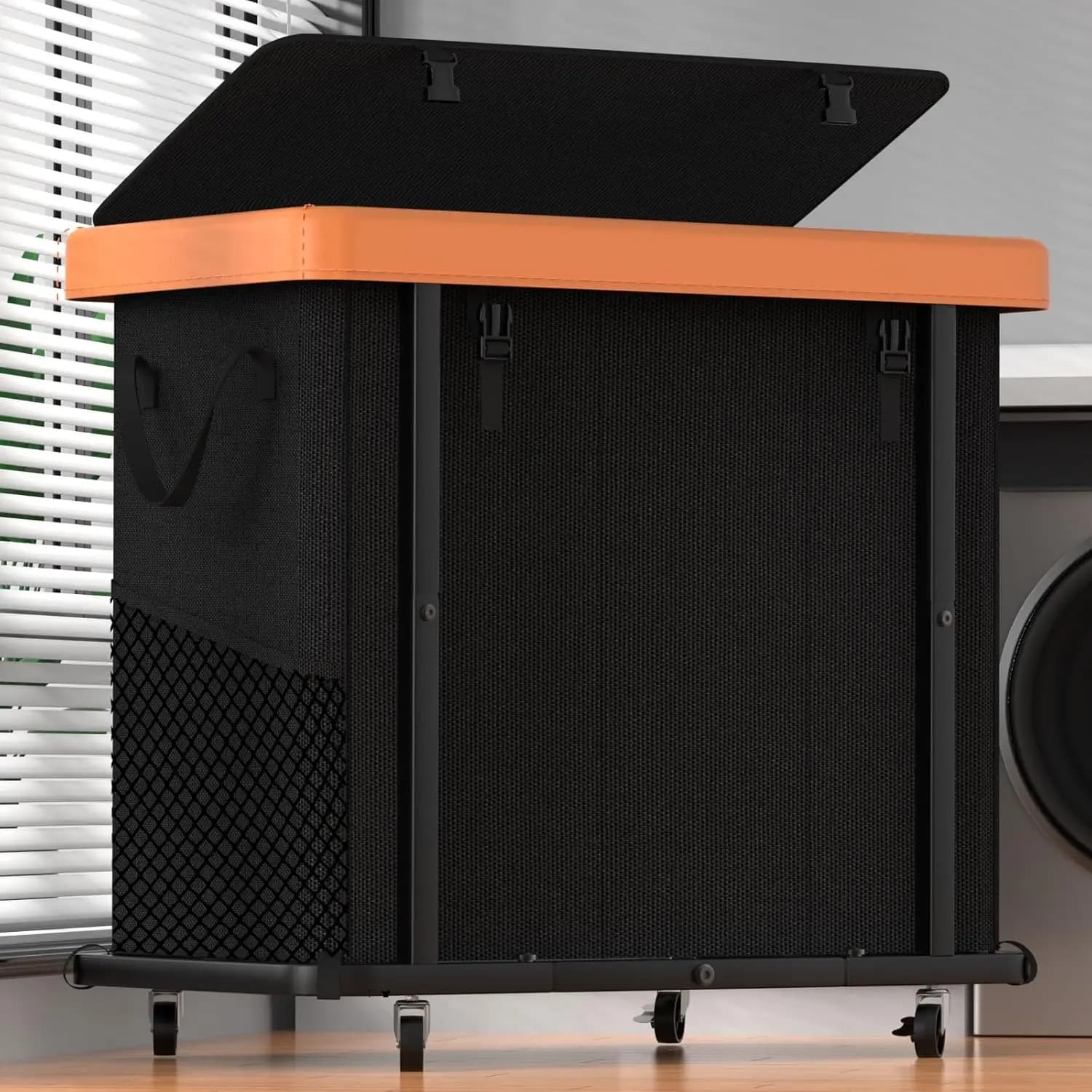 Cesto per Bucato Grande da 230L con Ruote, 3 Scomparti in Pelle Patchwork, Telaio in Metallo Robusto, Borsa Rimovibile per Camera da Letto - Nero