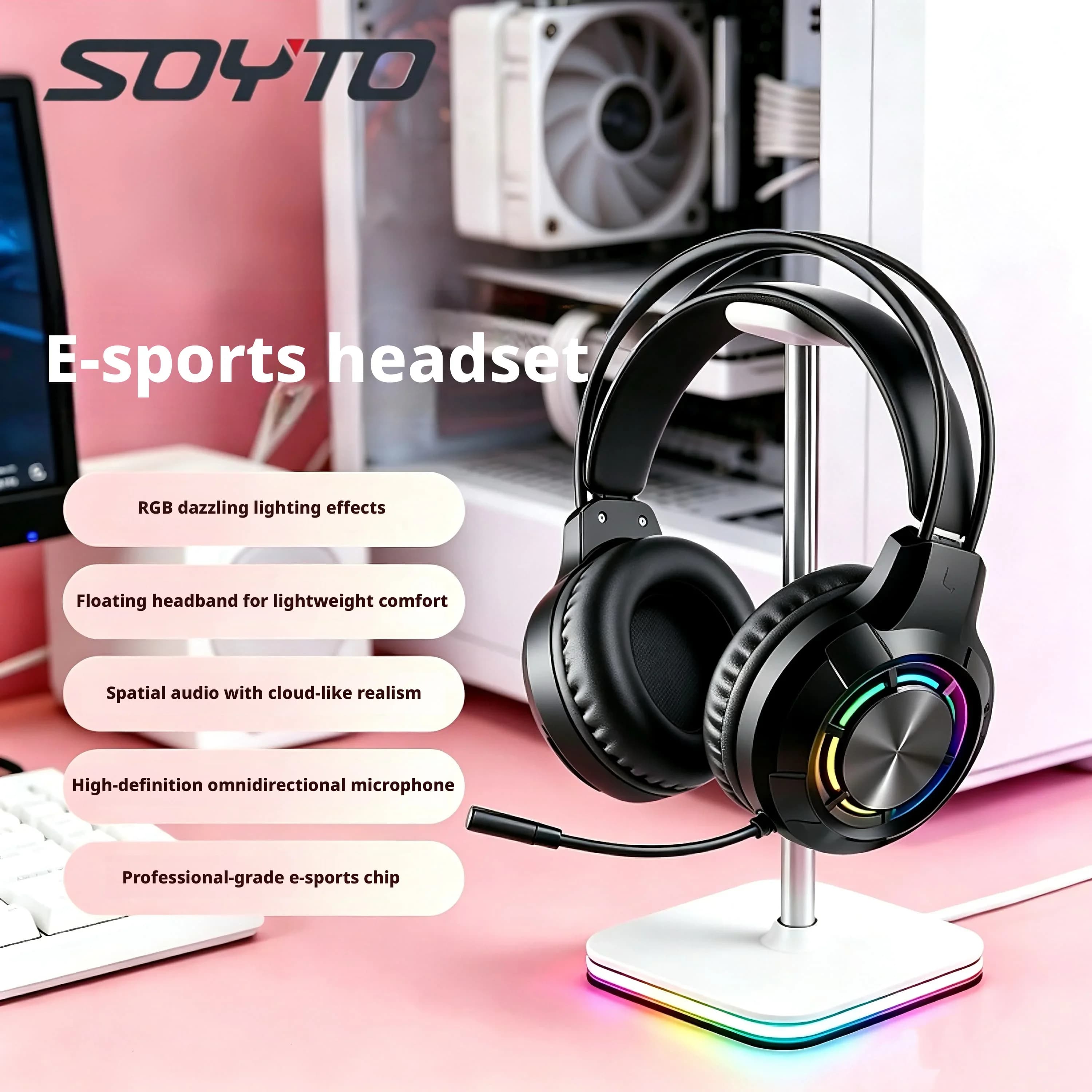 SOYTO Wired Gaming Headset RGB Light Over-Ear Headphones with Mic Surround Sound Comfortable E-sports Headset for PC PS4