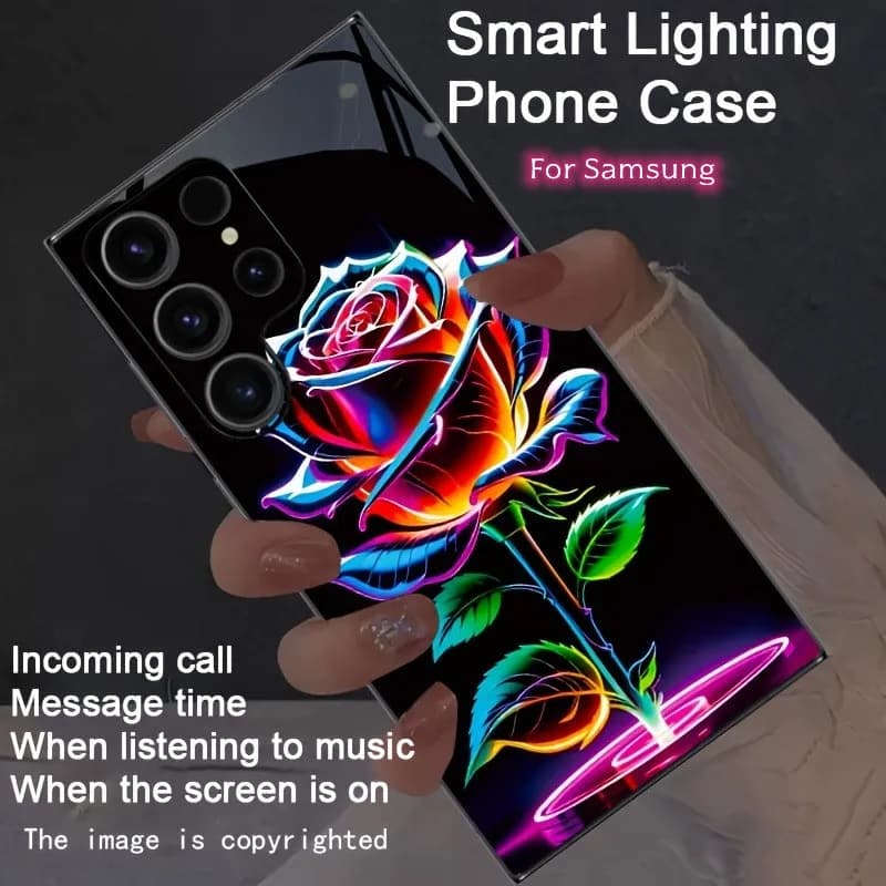 Custodia per telefono LED Green Leaf Rose con controllo vocale per Samsung Z Fold 7 6 5 4 S25 S24 S23 S20 FE S22 Plus Note20 Ultra Luminosa