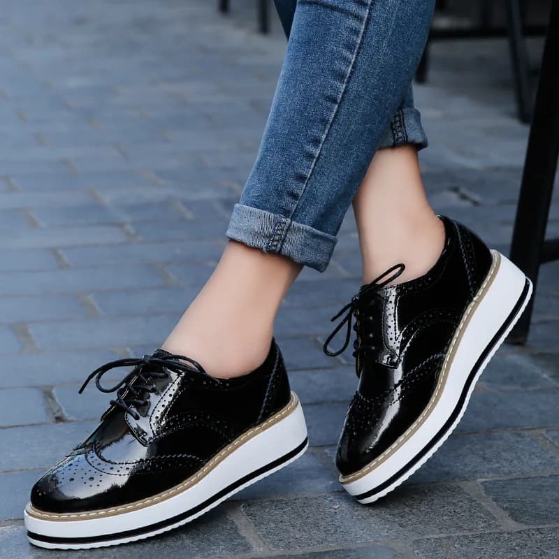 Women's Oxford Flats - Genuine Leather Wingtips Lace-Up Comfort 2026 Patent Platform Casual Shoes