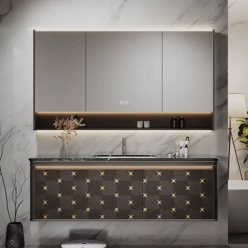 Italian Solid Wood Floating Bathroom Vanity Cabinet with Sink Sintered Stone Top Smart LED Mirror Double Vanity Set