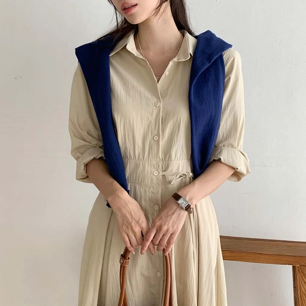 Abito camicia da donna alla moda coreana Primavera Estate Elegante abito abbottonato Ength Abito da ufficio casual con vita impero