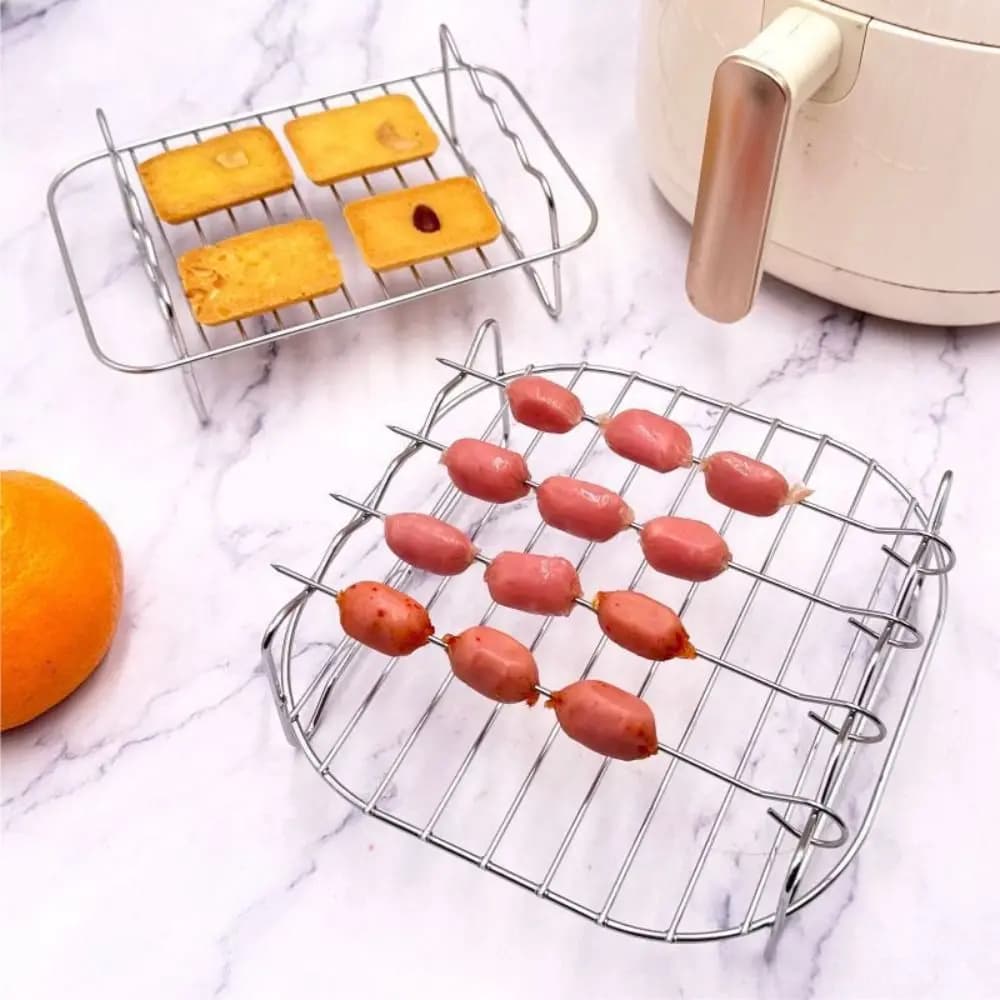 New Stainless Steel Air Fryer Basket Tray Silver DIY Bakeware Air Fryer Holder Versatile Roasting Rack Baking Accessories