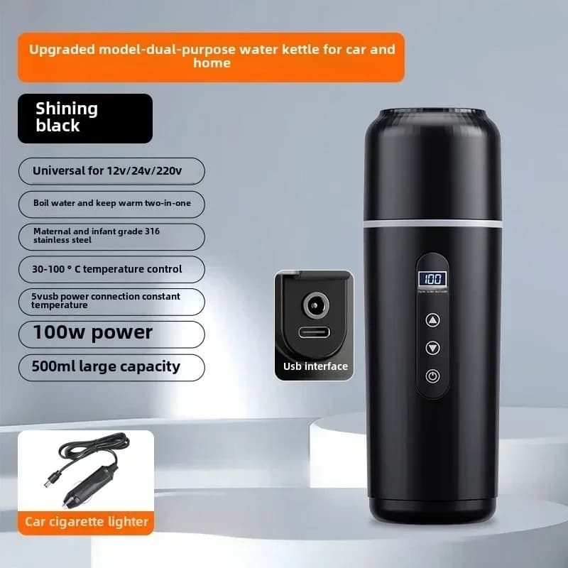 Water bottle for heating for cars powered by USB 500ML, electric heated thermos 12V 24V, portable travel cup for cars and commuters