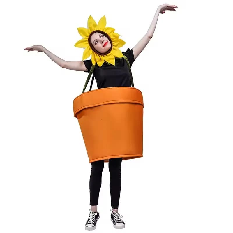 Adult Halloween Flower Vase Costume Cosplay Sunflower Pot Plant Costume with Children's Party Cover in Garden