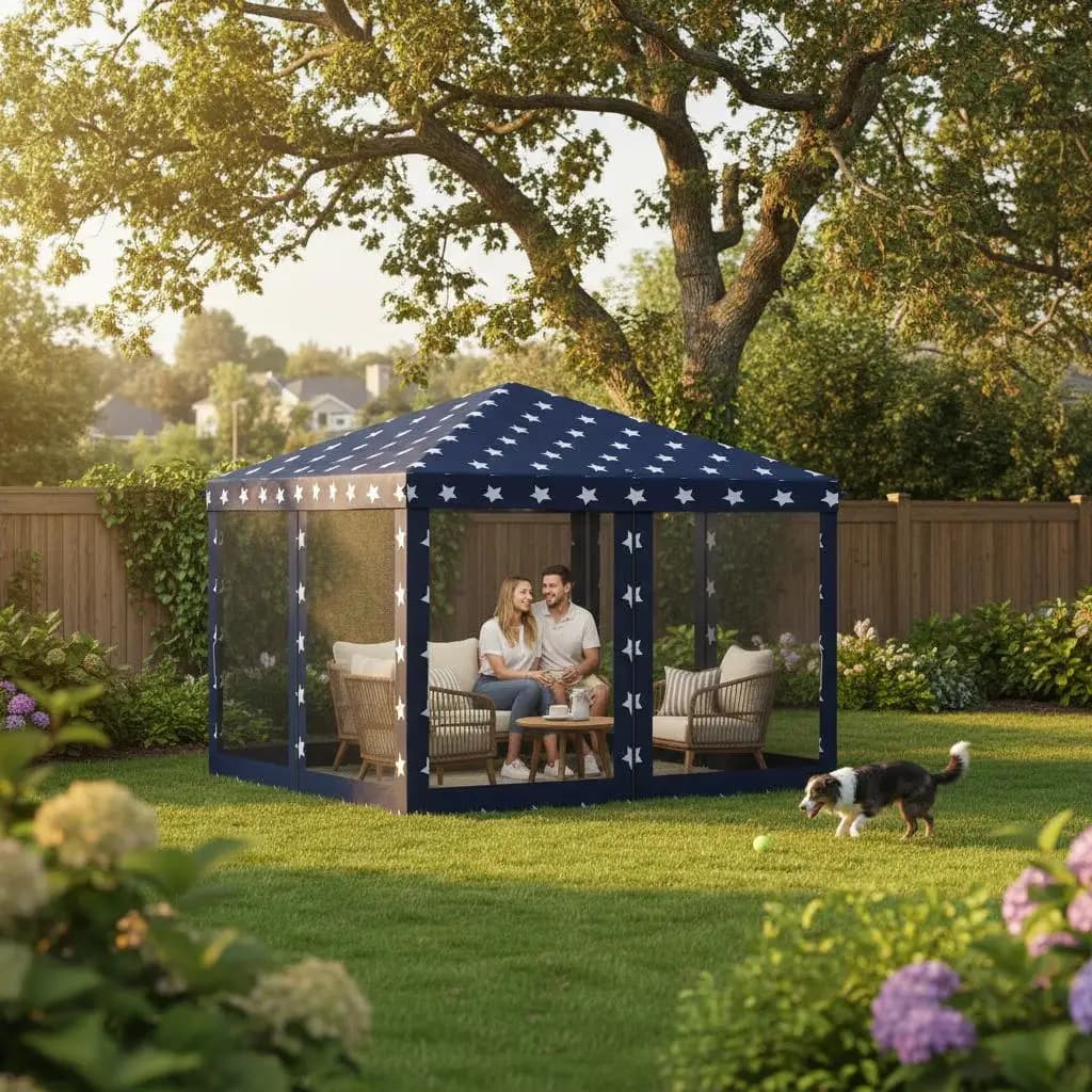 Gazebo Pieghevole con Rete a Rete Intrecciata 3x3m per Barbecue e Campeggio, Altezza Regolabile, Stile Bandiera Americana