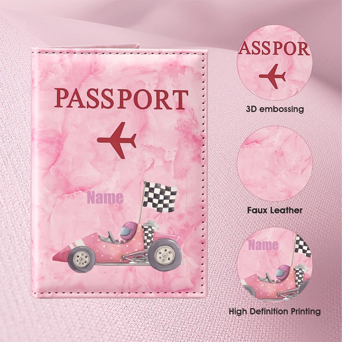 Custom Name Pink Racing-Themed Illustration Design PU Passport Holder, Featuring a Red Race Car and Checkered Flag Elements